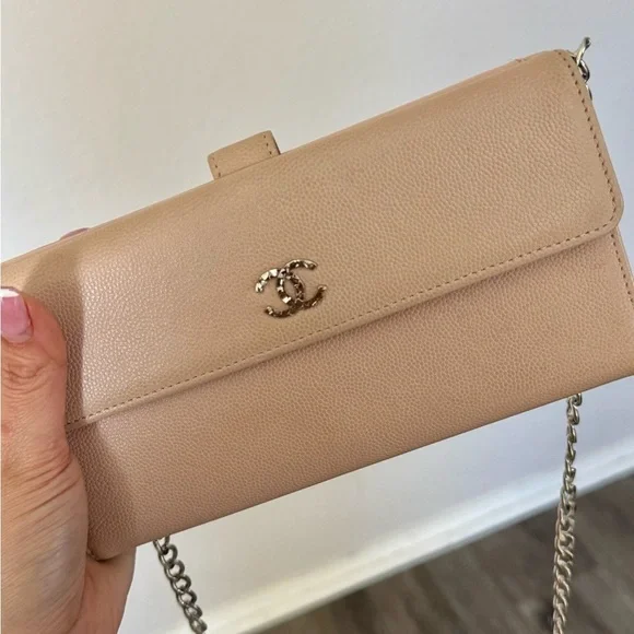 Authentic Chanel Coco Mark Sevruga Caviar Skin Flap Long Wallet On Chain Pink - Picture 12 of 16